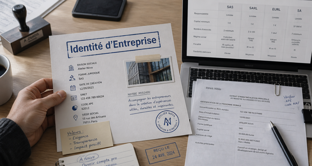 carte identité entreprise sur bureau avec documents officiels