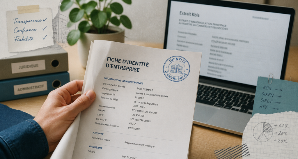 carte identité entreprise sur bureau avec fiche et kbis