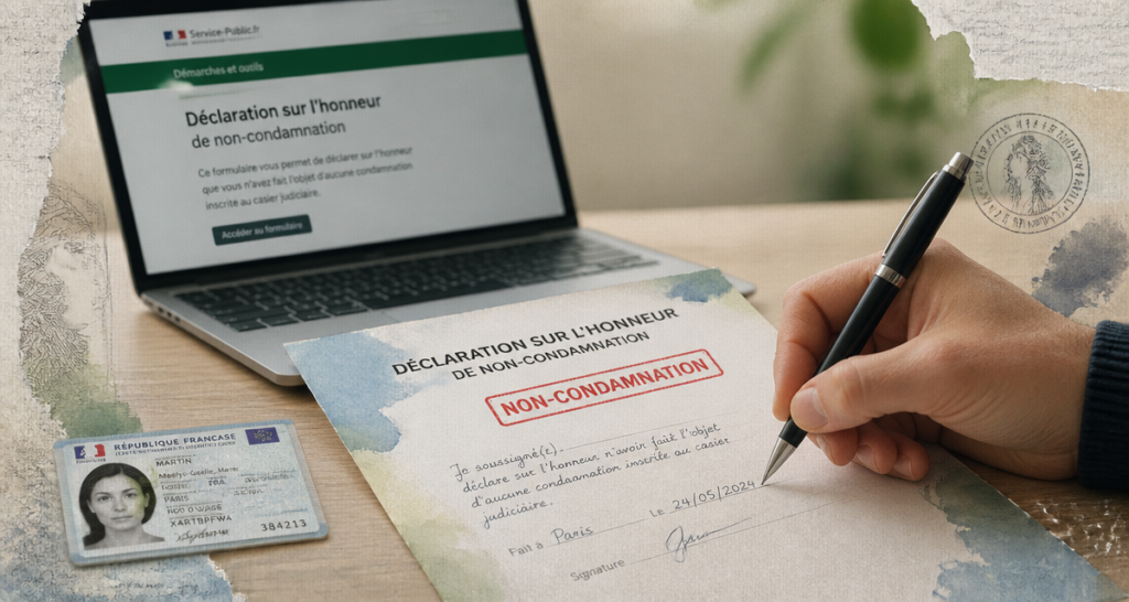 déclaration sur l honneur de non condamnation signée sur un bureau