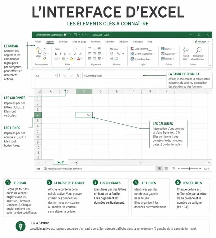Schéma explicatif de l'interface Excel pour apprendre les bases du logiciel