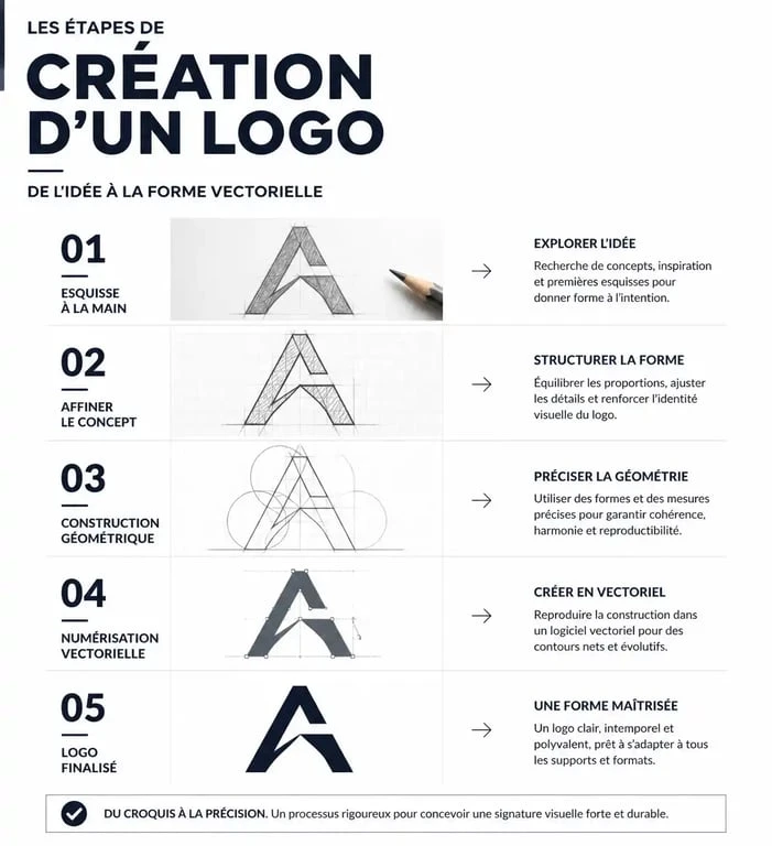 Infographie montrant les étapes de création d'un logo professionnel, de l'esquisse au design vectoriel final pour une formation logo.