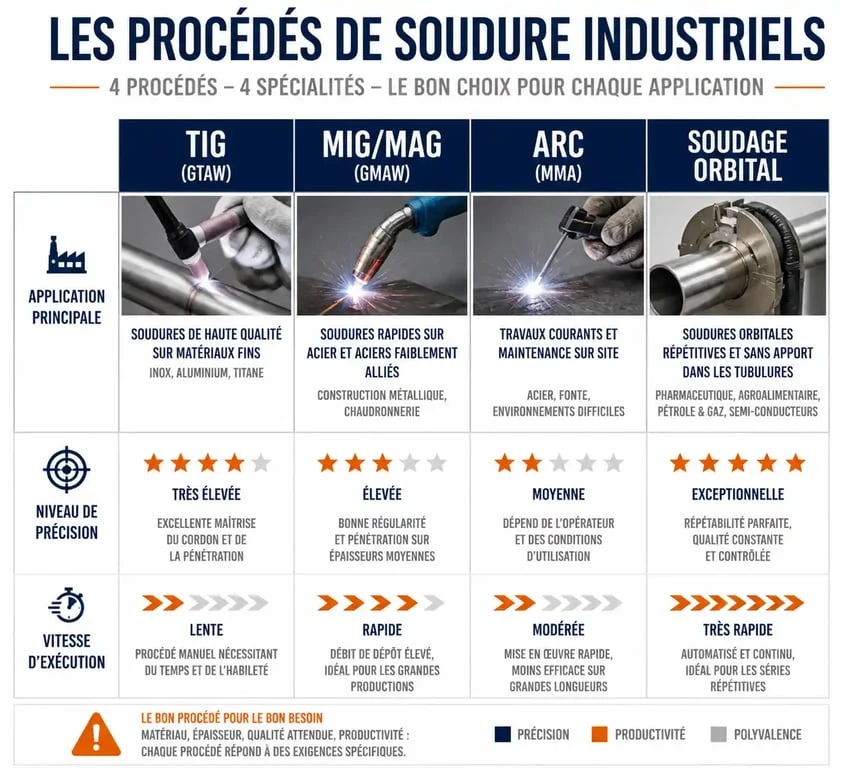 Infographie comparative des procédés de soudure : TIG, MIG/MAG, Arc et soudage orbital pour le métier de soudeur
