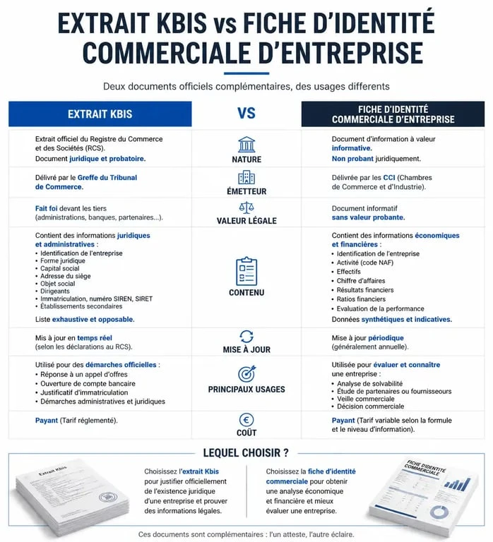 Infographie comparative : extrait Kbis vs fiche d'identité entreprise pour la gestion administrative