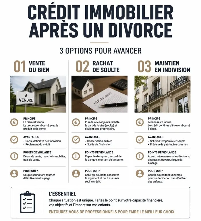 Infographie des options pour gérer un crédit immobilier en cours lors d'un divorce