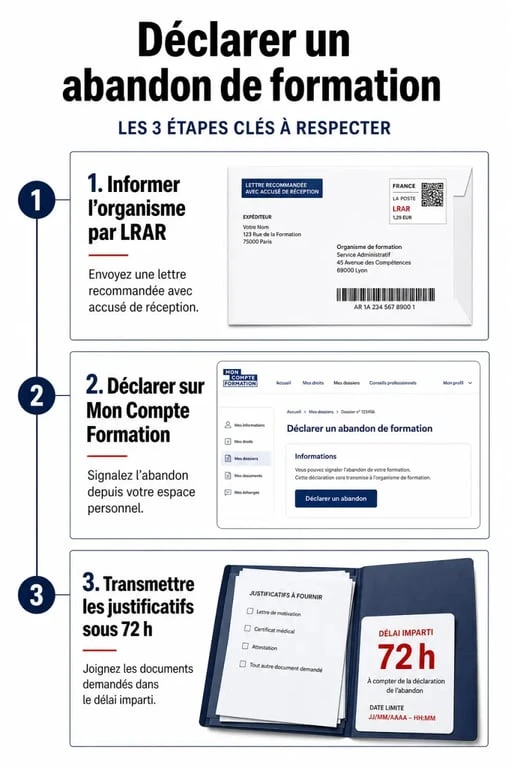 Infographie des étapes pour déclarer un motif abandon formation