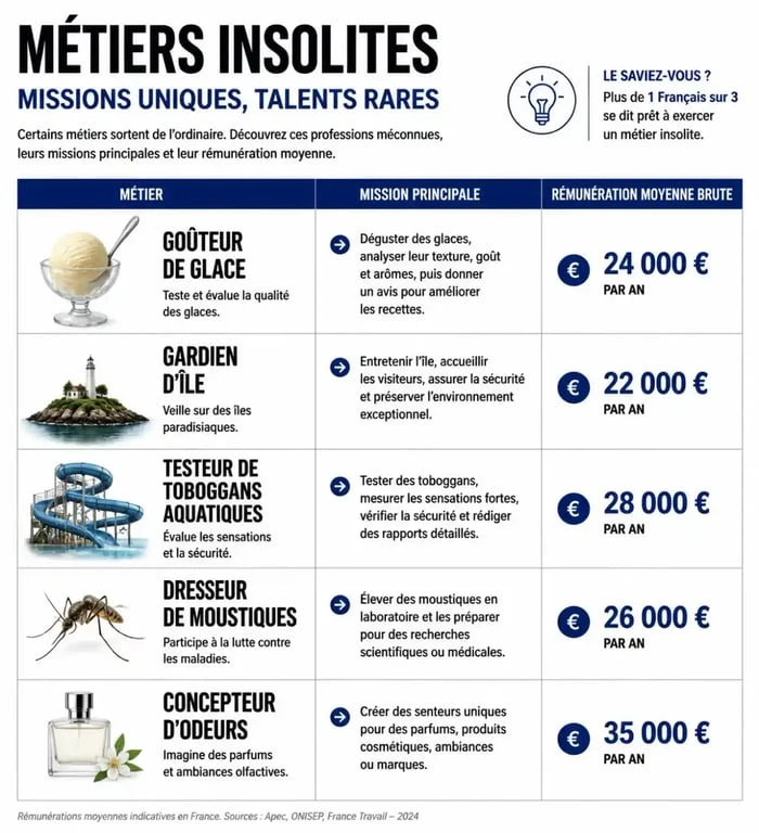 Infographie comparative des salaires et missions des métiers insolites