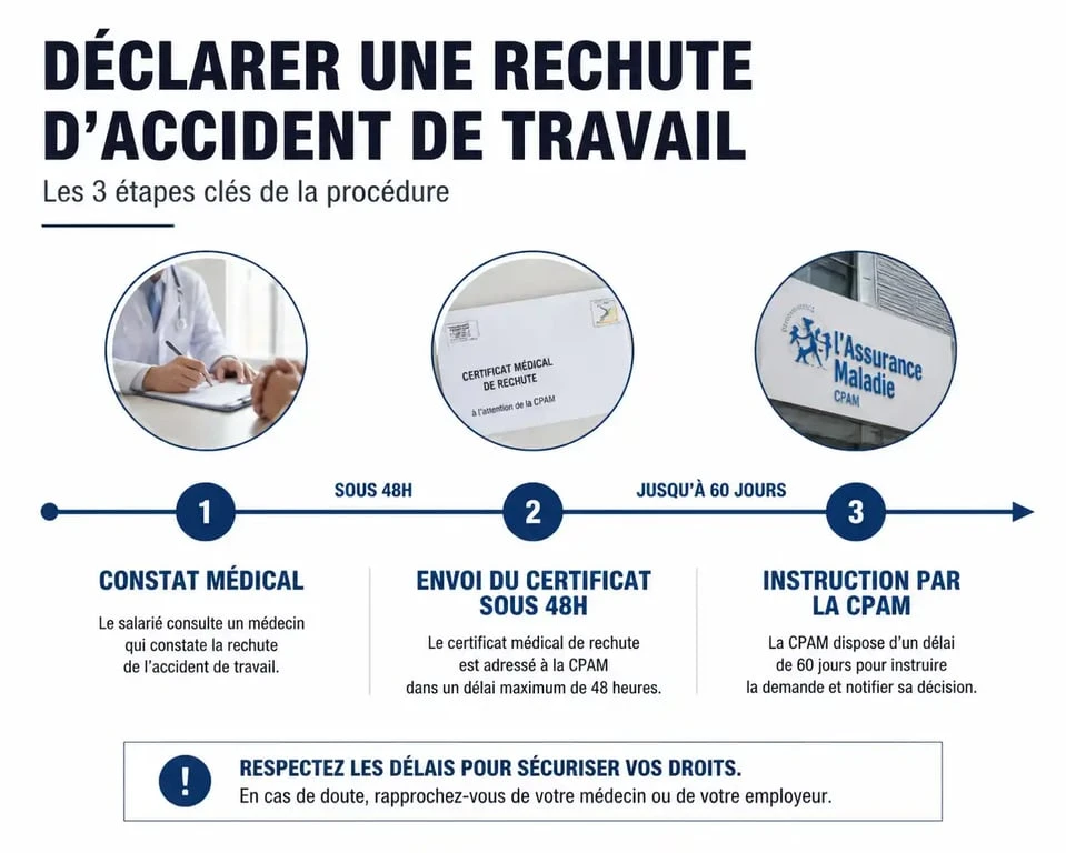 Infographie du processus de déclaration d'une rechute d'accident de travail et délais à respecter