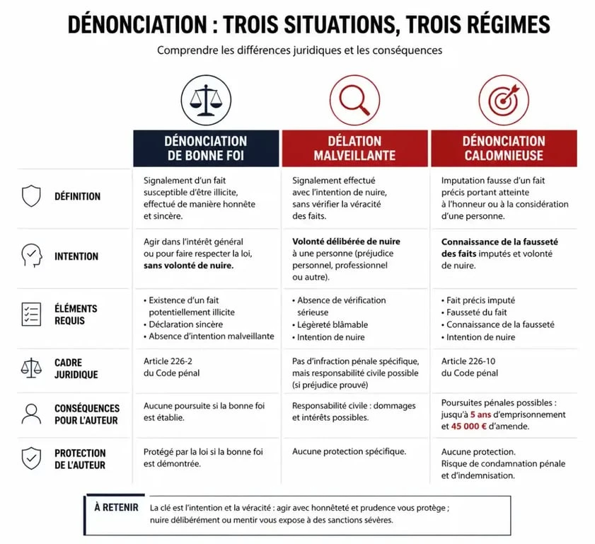 Infographie comparative sur la délation au travail, distinguant dénonciation de bonne foi, délation malveillante et dénonciation calomnieuse.
