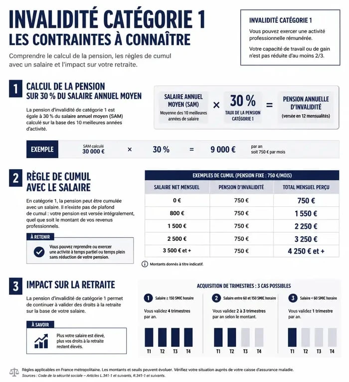 Infographie des inconvénients et règles de l'invalidité catégorie 1 : pension, cumul emploi et retraite.