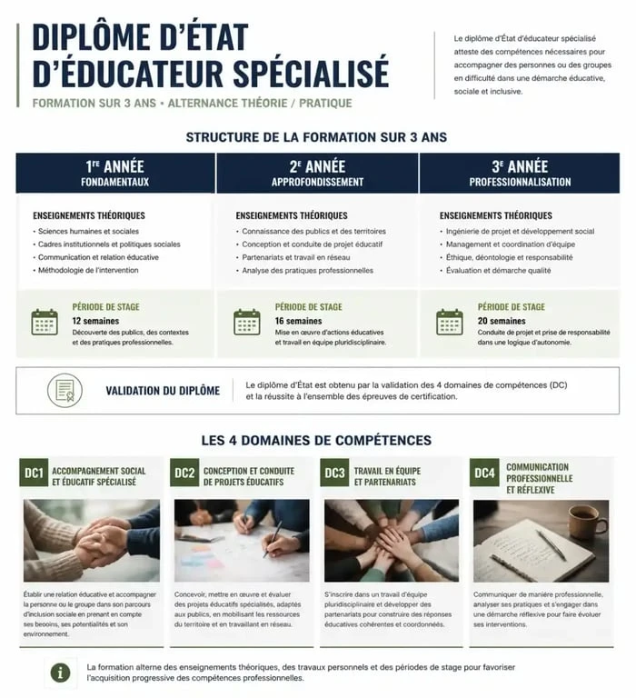 Infographie du cursus et des domaines de compétences pour devenir éducateur spécialisé et obtenir le DEES