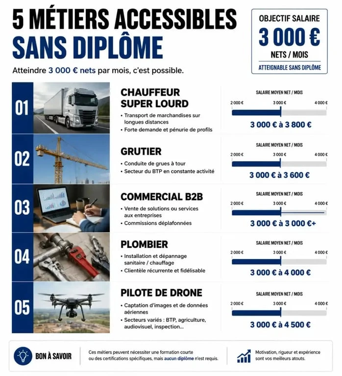 Infographie des métiers accessibles sans diplôme pour gagner 3000 euros net par mois