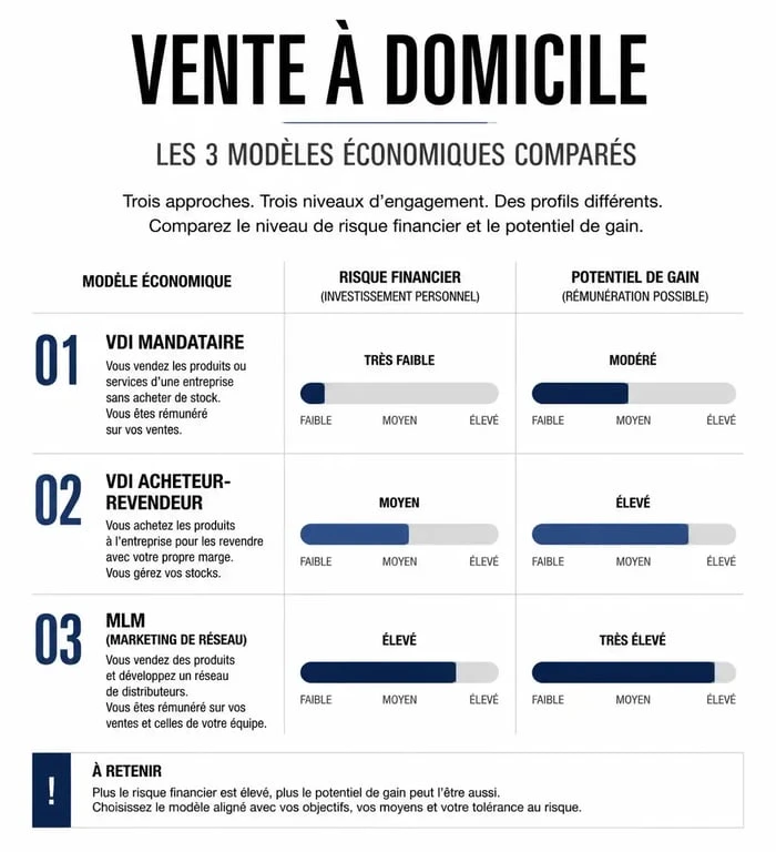 Infographie comparative des modèles économiques de la vente à domicile pour identifier la vente à domicile qui rapporte le plus