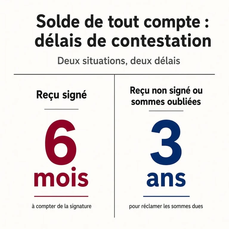 Infographie des délais de contestation du solde de tout compte : 6 mois pour un reçu signé, 3 ans pour les sommes non mentionnées.