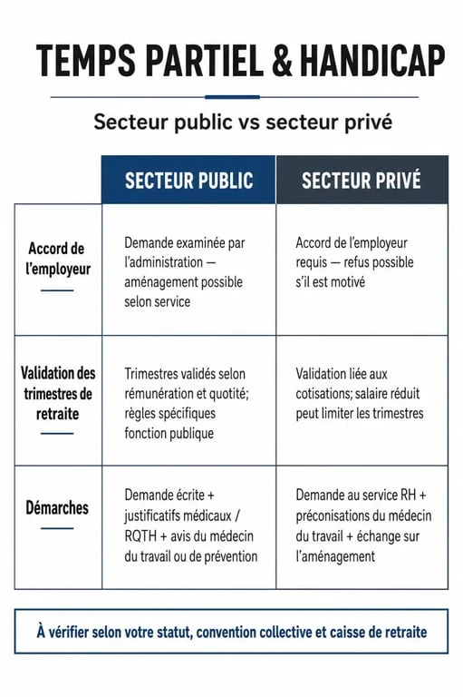 Infographie comparative des droits au temps partiel avec RQTH dans le secteur public et privé