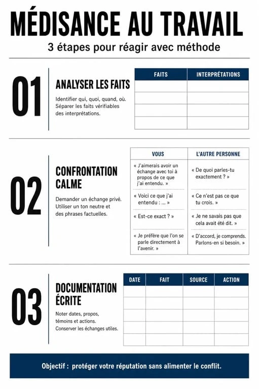 Infographie sur les étapes pour gérer un collègue qui critique dans le dos au travail