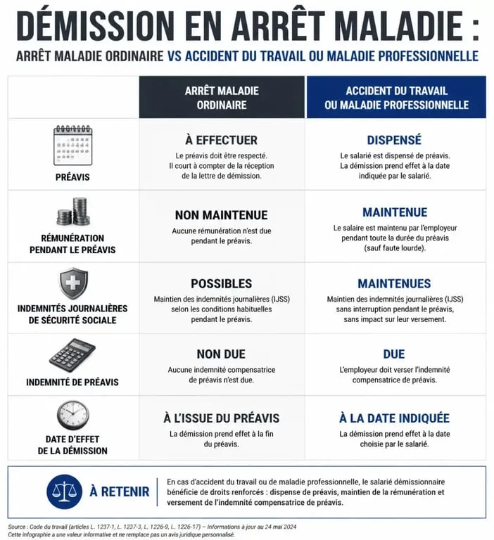 Infographie comparative : démission en arrêt maladie ordinaire vs accident du travail et maladie professionnelle