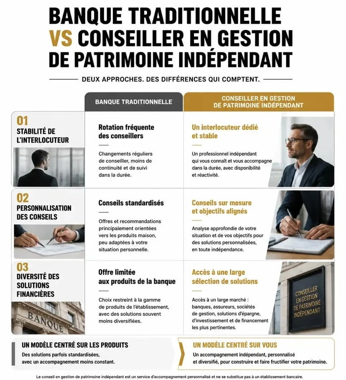 Comparatif entre banque traditionnelle et conseiller en gestion de patrimoine Capfinances pour vos avis et choix financiers