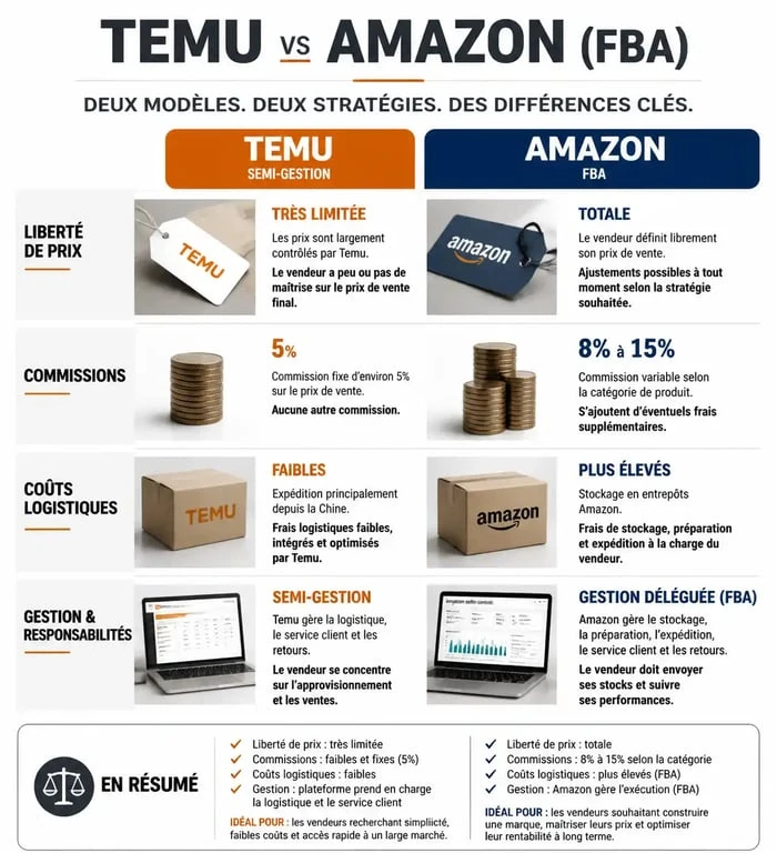 Comparatif des modèles de vente entre Temu et Amazon pour les e-commerçants