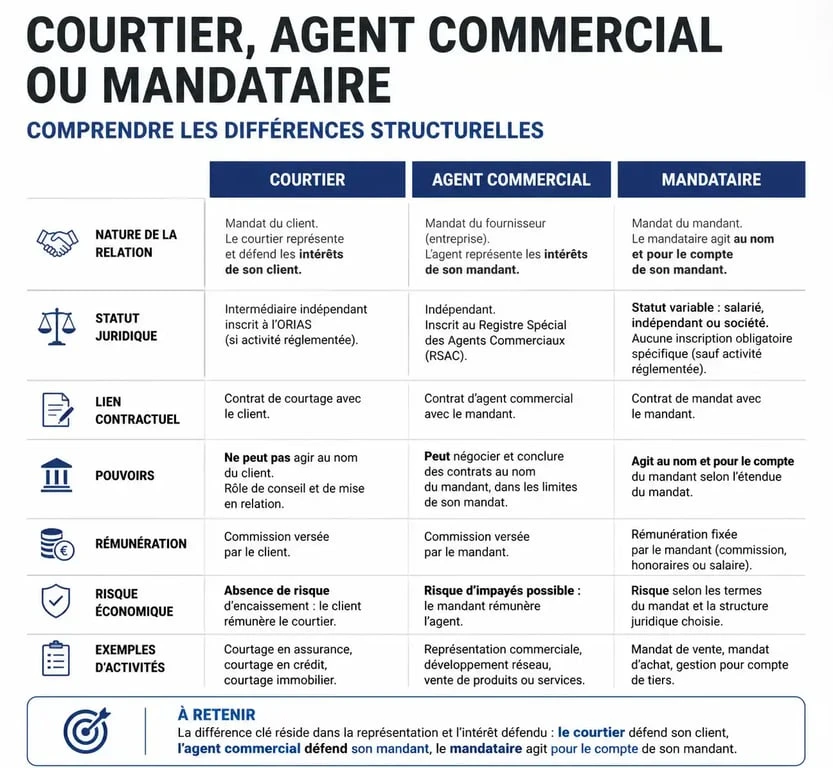 Tableau comparatif des différences entre courtier, agent commercial et mandataire pour comprendre la définition du courtage.