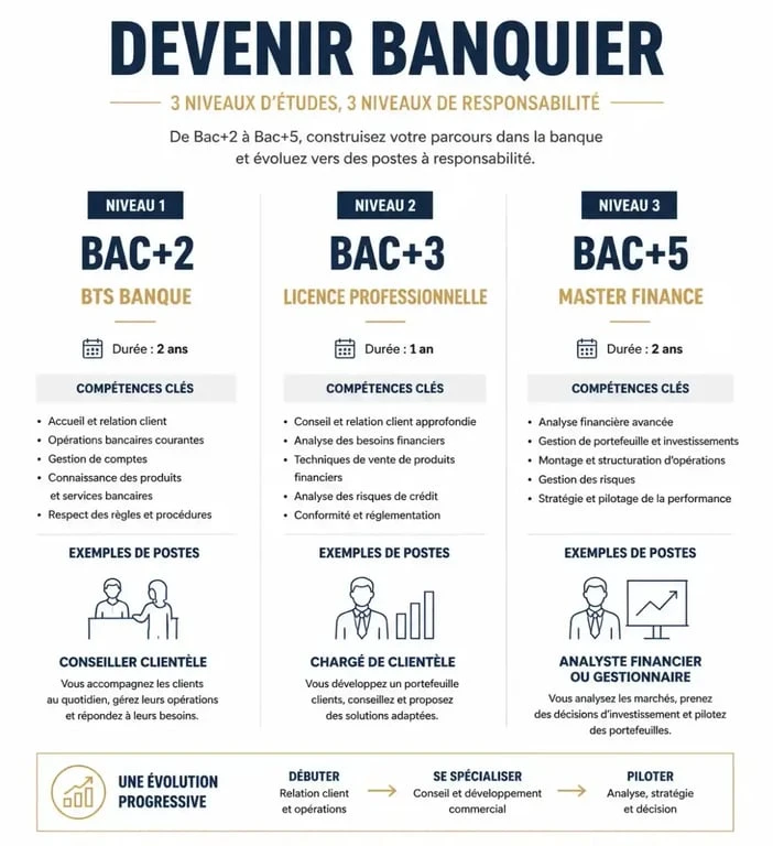 Infographie des parcours d'études pour devenir banquier et accéder aux métiers de la banque