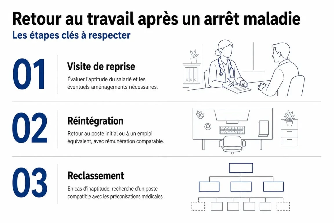 Schéma des étapes de réintégration après un arrêt maladie : ne pas retrouver son poste après arrêt maladie