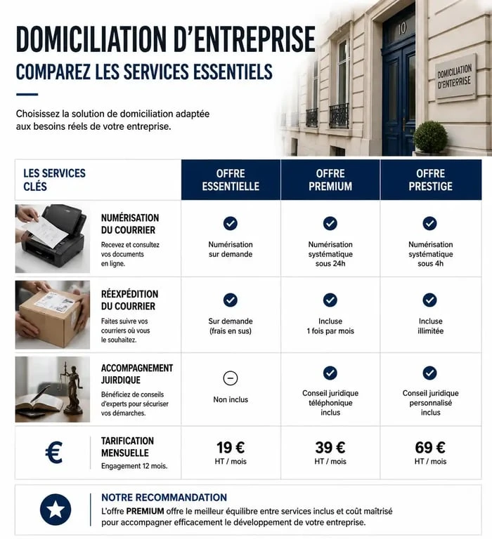 Tableau comparatif des services de Ma Domiciliation pour le choix d'une adresse de siège social