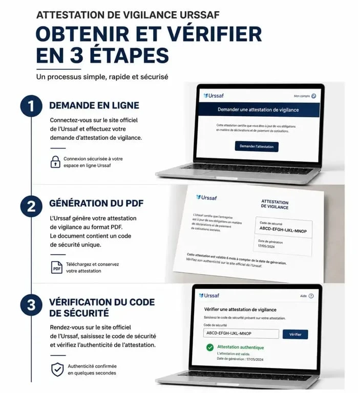 Schéma du processus d'obtention et de vérification d'une attestation de vigilance URSSAF