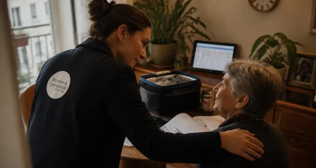 Métier de service : intervenante aide à domicile, main rassurante et suivi