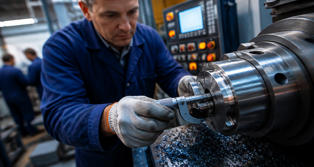Tourneur fraiseur utilisant micromètre sur machine CNC