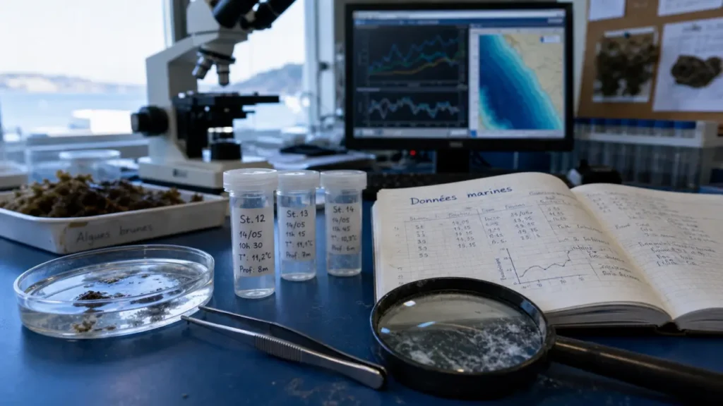 Biologie marine métier : échantillons en laboratoire côtier, microscope et données marines
