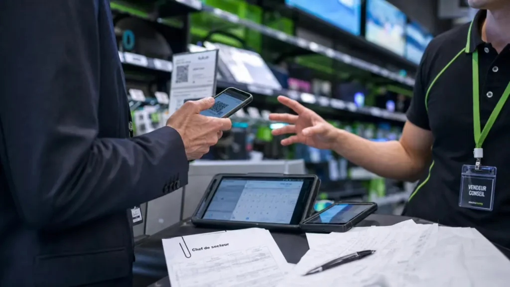 Chef de secteur high tech scanne un QR code en magasin avec tablette et smartphone