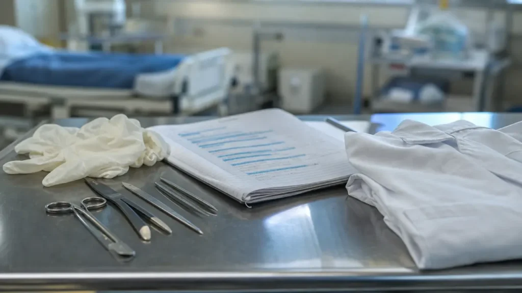 Chirurgien étude : table de bloc médical, gants et instruments