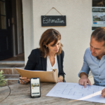 Conseiller immobilier indépendant avec dossier d’estimation devant une maison