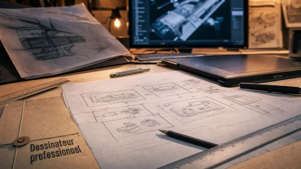 Dessinateur professionnel : bureau avec calque, crayon et CAO