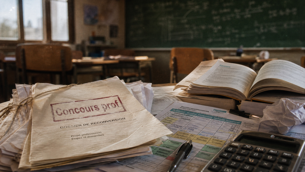 Devenir prof après expérience professionnelle : dossier concours prof, salle de classe floue en arrière-plan