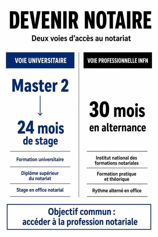 Infographie comparant les voies d'accès pour devenir notaire à 40 ans
