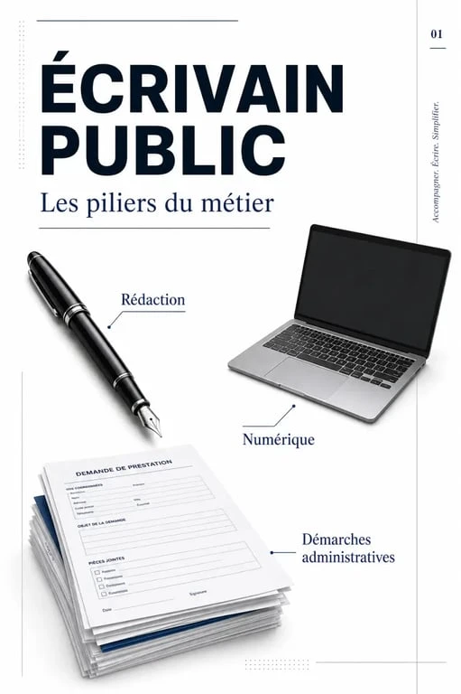 Infographie des étapes pour devenir écrivain public et lancer son activité