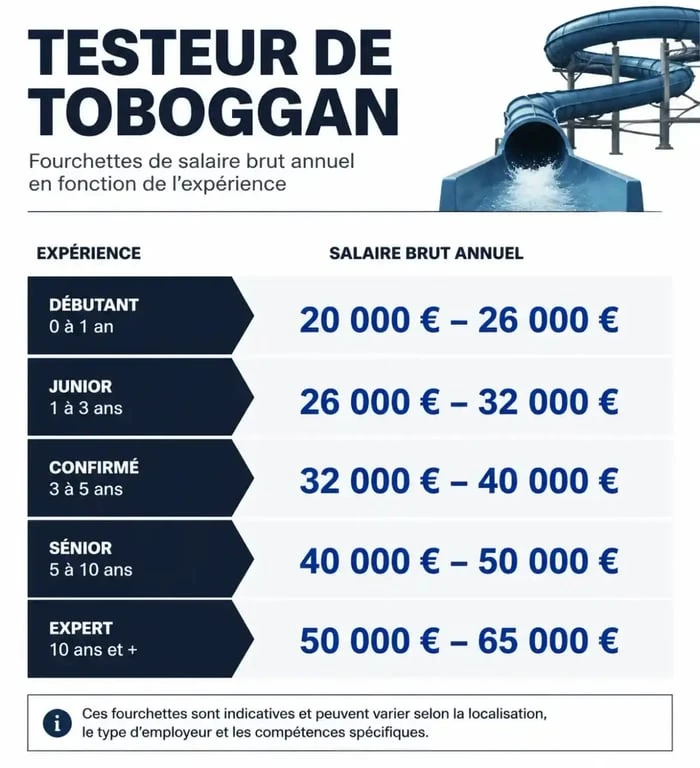 Infographie des salaires annuels pour un testeur de toboggan selon l'expérience professionnelle