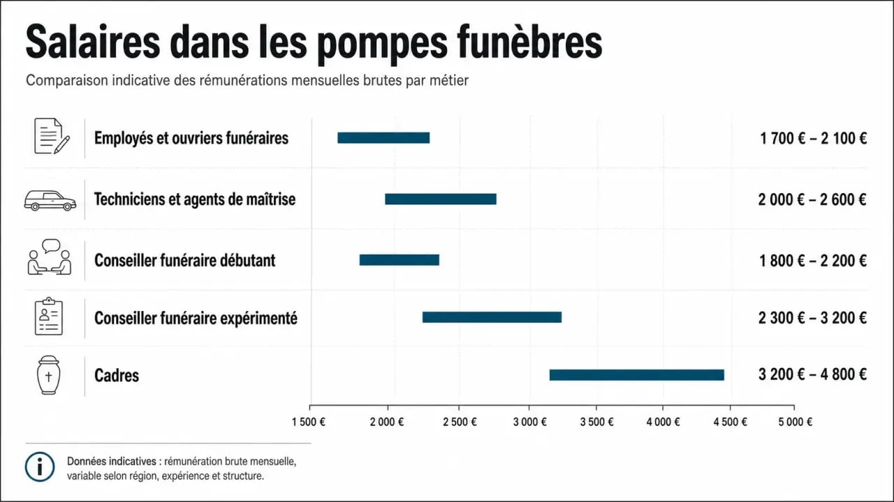 Salaire pompe funebre : comparaison visuelle des rémunérations par métier dans le secteur funéraire