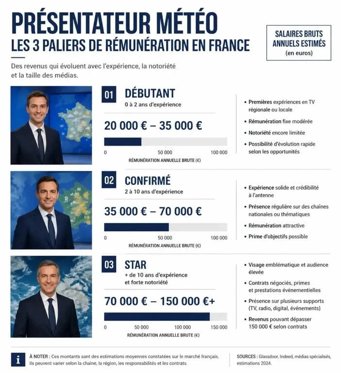 Infographie des niveaux de salaire d'un présentateur météo en France selon l'expérience et la notoriété