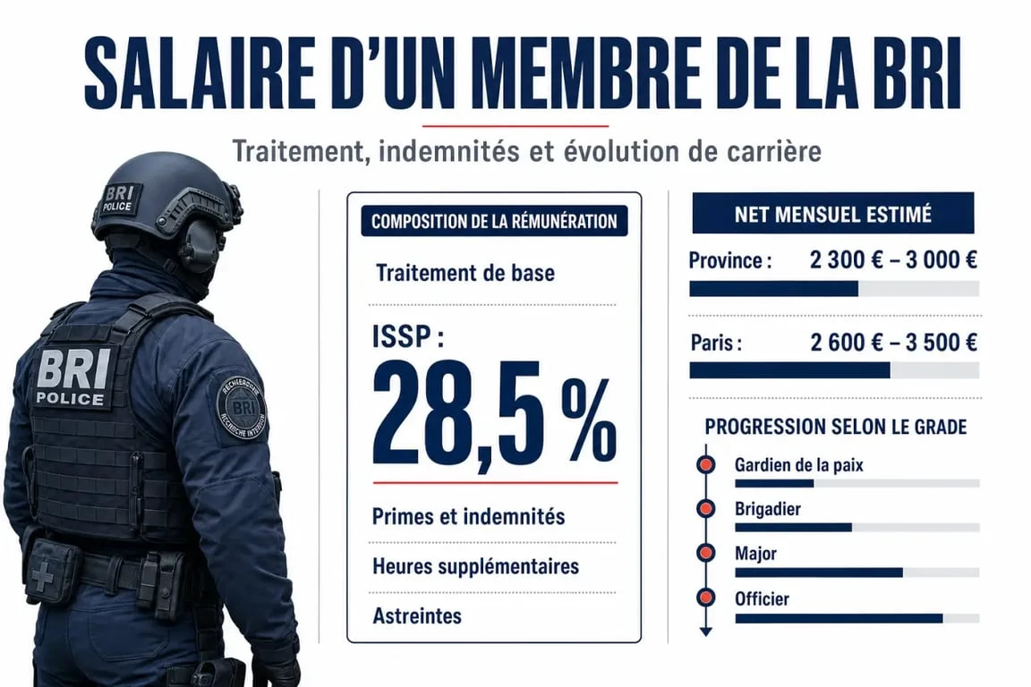 Infographie sur le bri salaire : traitement de base, primes et écarts Paris-province