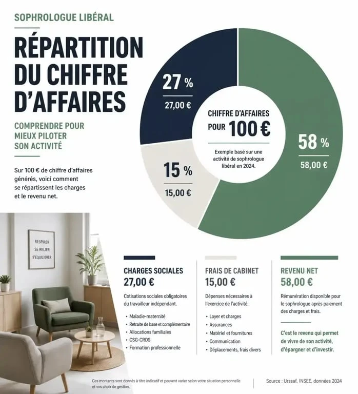 Infographie sur la répartition du chiffre d'affaires et du salaire d'un sophrologue libéral en France