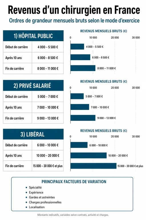Combien gagne un chirurgien en France : infographie comparative des revenus selon le statut, l’expérience et la spécialité