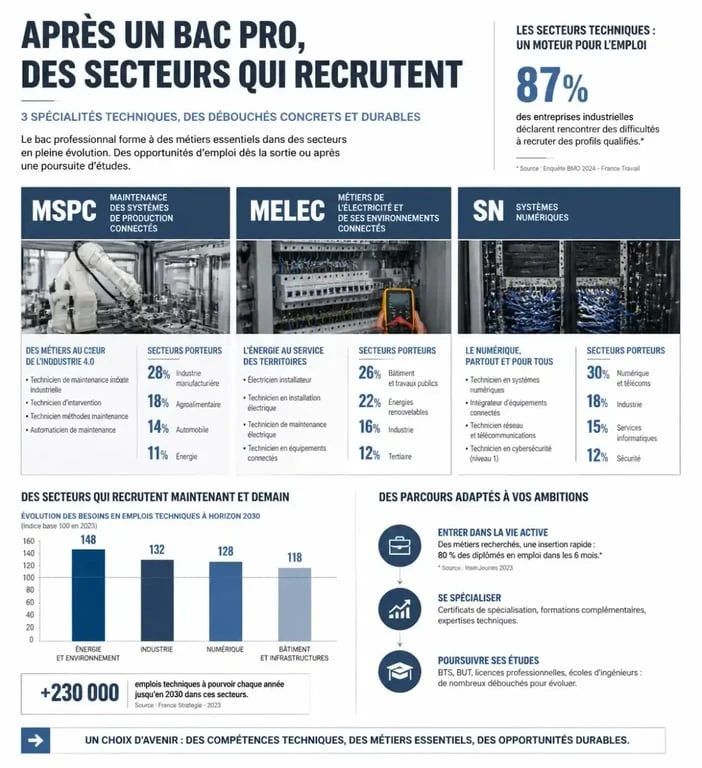 Infographie des métiers bac pro qui gagnent bien et secteurs porteurs