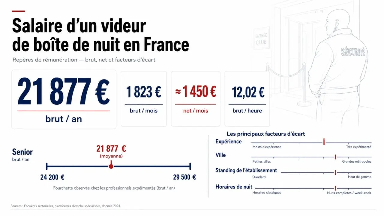 Infographie sur le salaire videur boite de nuit en France avec repères mensuels, annuels et horaires