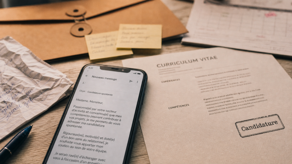 Exemple mail pour candidature spontanée : CV et e-mail sur bureau