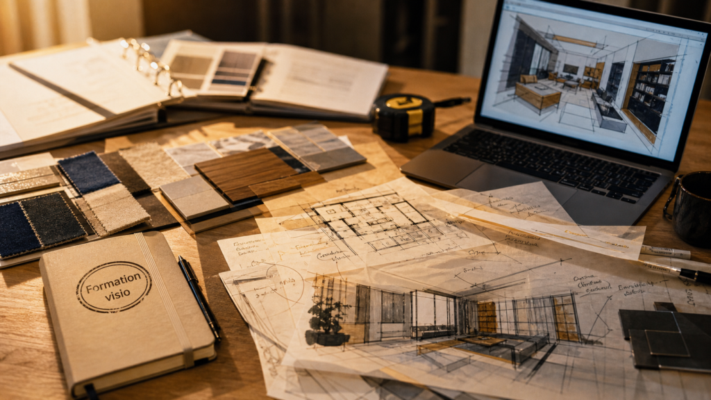 Formation architecte d'intérieur à distance 100 % visio : plans 3D et échantillons matériaux