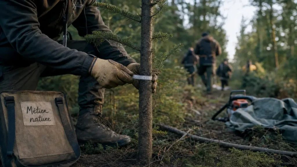 Métier nature : technicien forestier mesure un sapin en forêt