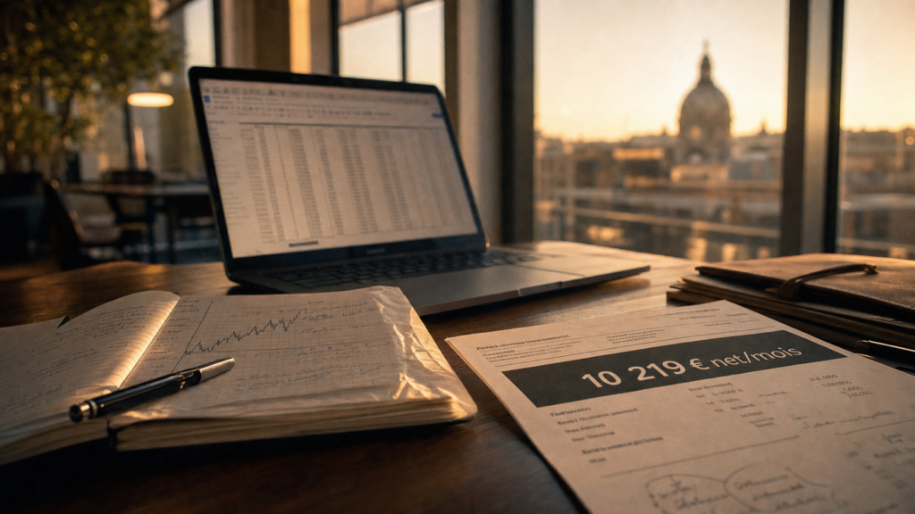 Métier pour devenir riche : 10 219 € nets/mois, graphiques et carnet en golden hour.
