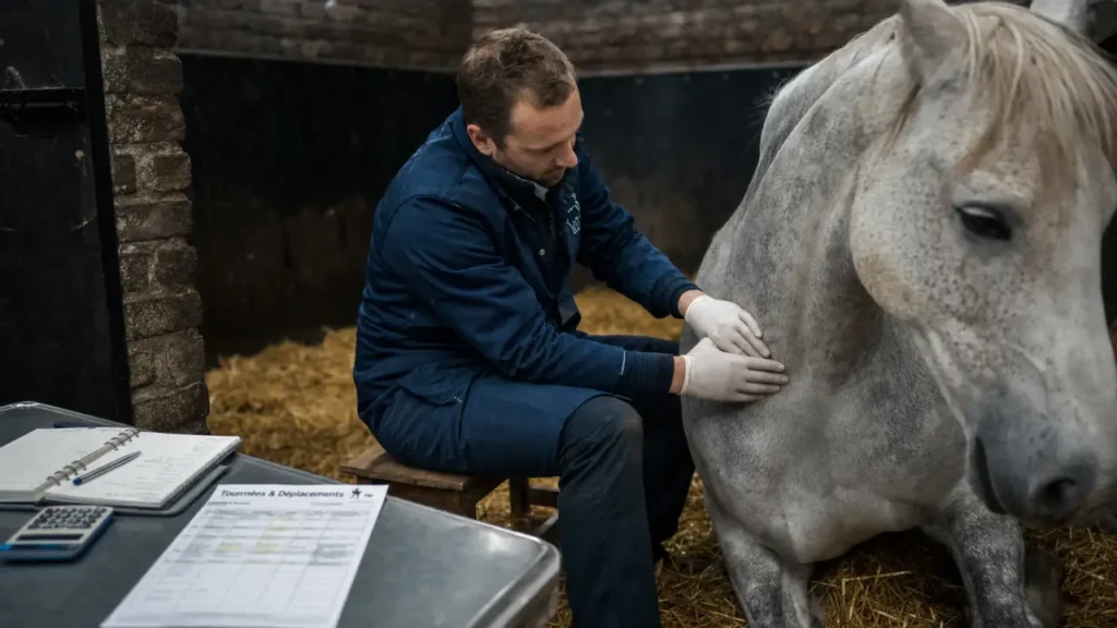 Salaire ostéopathe équin : ostéopathe en écurie avec un cheval